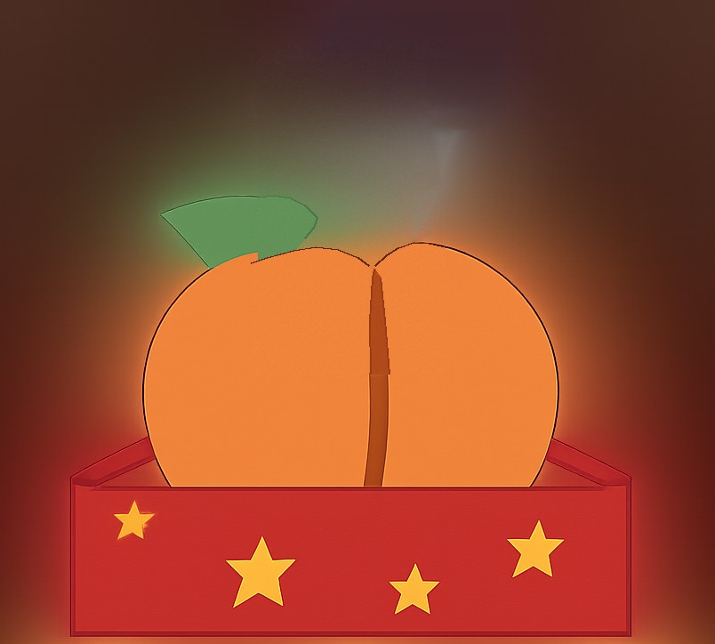 A peach lying in a red magician's box, sawn down its middle line